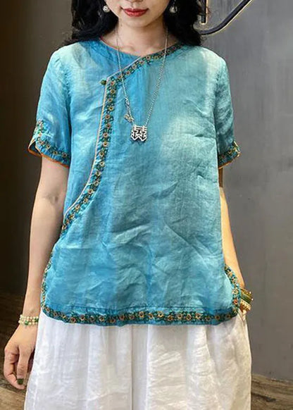 Chinese Style Yellow O-neck Embroideried Linen Tops Short Sleeve