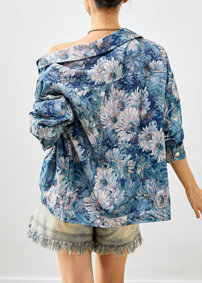 Stylish Blue Painting Cotton Coat Outwear Fall