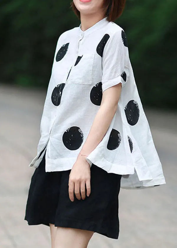 Diy White Stand Collar Dot Print Patchwork Linen Blouses Summer