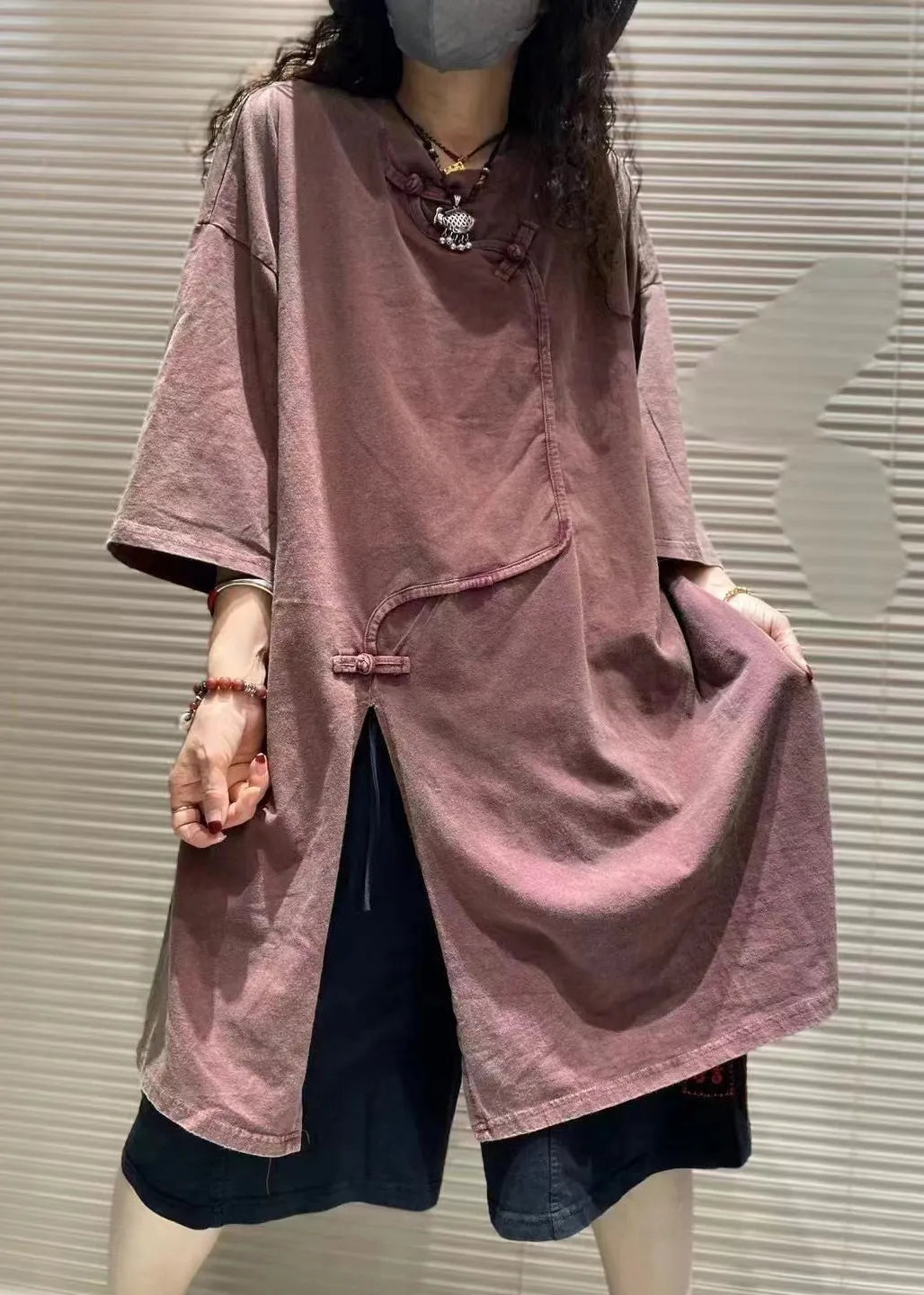 Coffee Asymmetrical Chinese Button T Shirts Summer