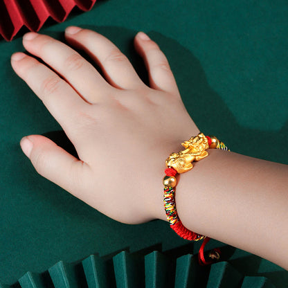Buddha Stones 999 Sterling Silver Pixiu Wealth King Kong Knot String Braided Kids Child Bracelet