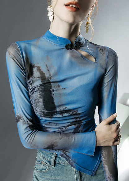 Blue Stand Collar Asymmetrical Print Tulle Tops Fall