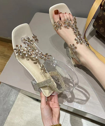 Beige Crystal Splicing Chunky Heel Sandals Peep Toe
