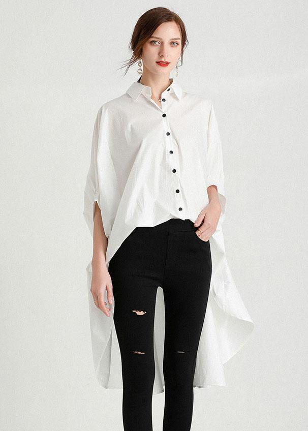 Style White Peterpan Collar Asymmetrical Design Summer Cotton Shirt Top Half Sleeve