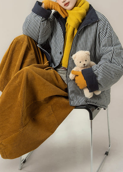 Natural Navy Plaid Wear on Both Sides Fine Cotton Filled Puffers Jackets Winter
