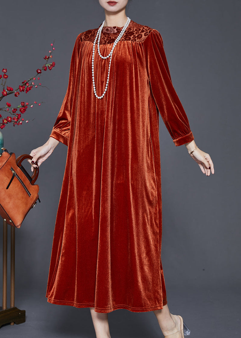 Caramel Oversized Patchwork Silk Velour Ankle Dress Spring