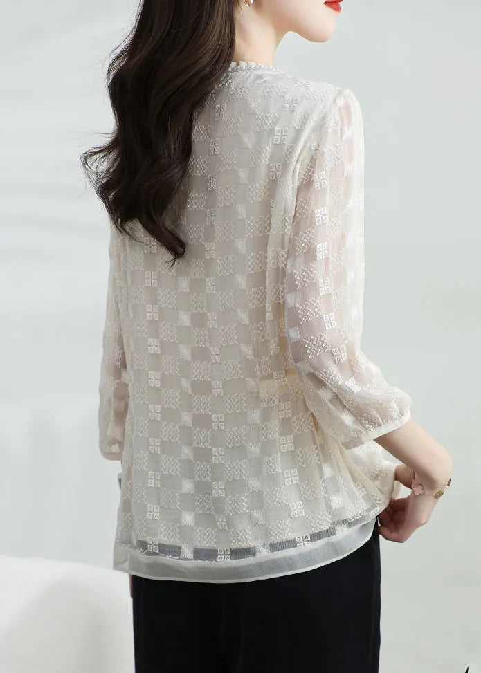 Apricot Silk T Shirt Top Classy O Neck Embroidered Bracelet Sleeve
