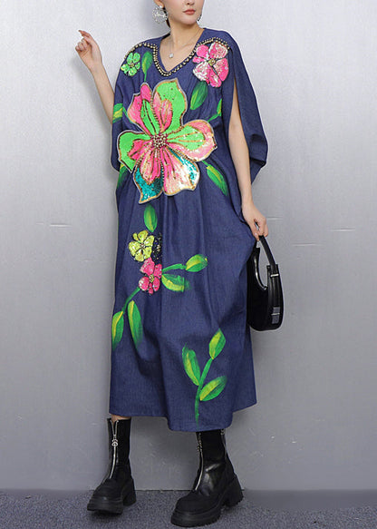 Style Blue Nail Bead Denim Holiday Dress Summer