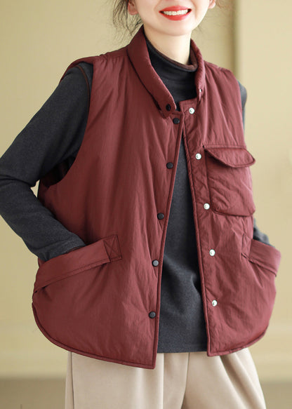 Wine Red Button Pockets Cotton Filled Waistcoat Sleeveless