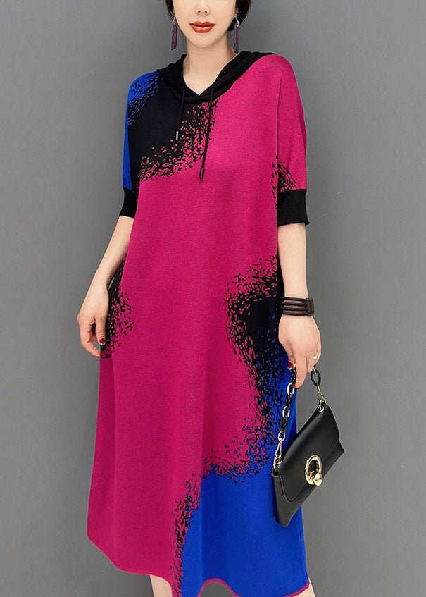 Diy Colorblock Hooded Print Knit Maxi Dresses Half Sleeve