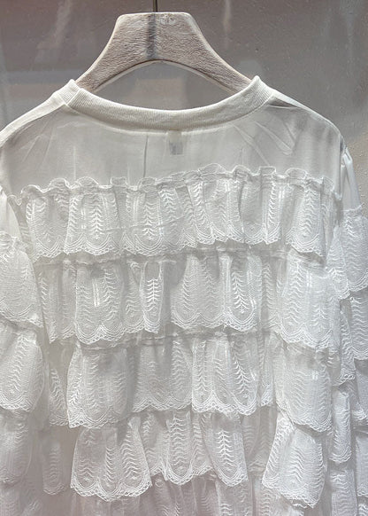 Diy Black O Neck Ruffled Layered Patchwork Lace Blouses Long Sleeve