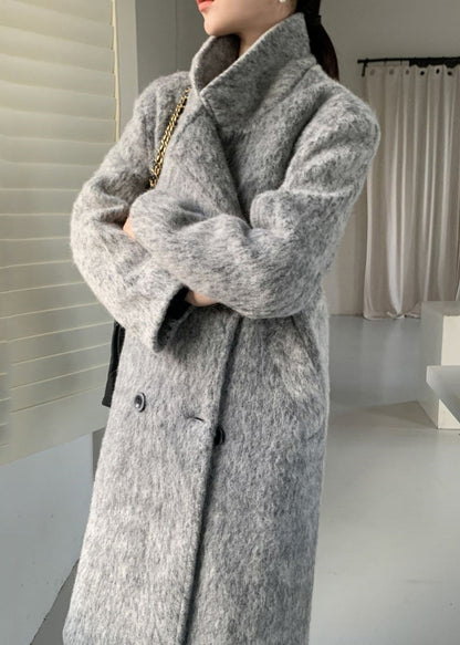 Grey Peter Pan Collar Pockets Patchwork Ma Hai Mao Coat Winter