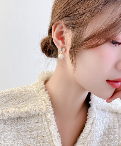 White Copper Alloy Bow Shell Pearl Drop Earrings