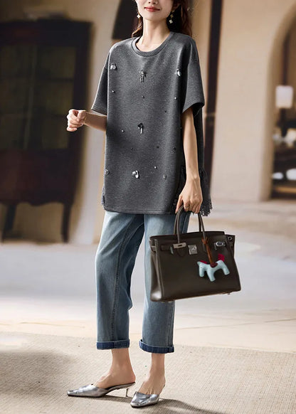 Fine Black Oversized Patchwork Cotton Tops Summer