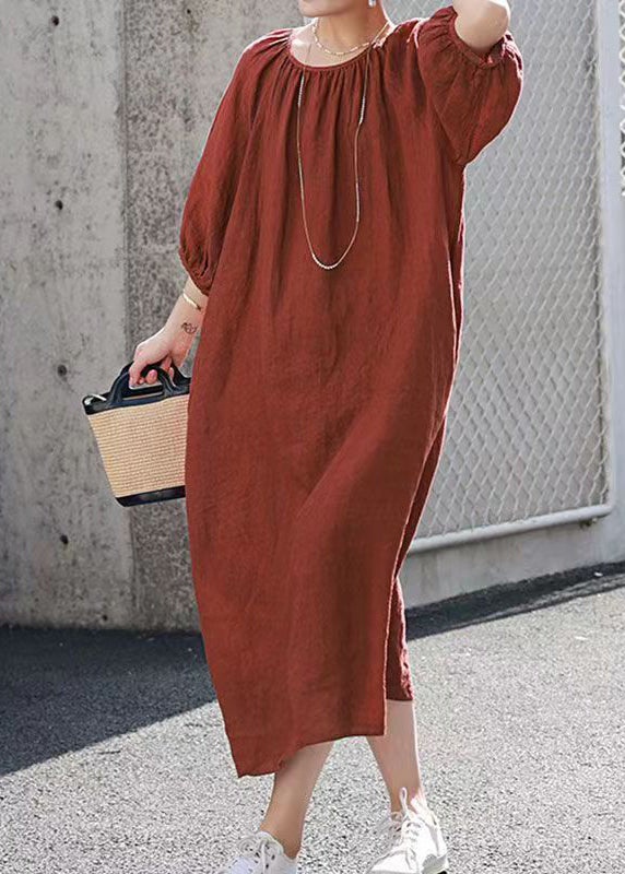 Handmade Loose Orange O-neck Linen Dress Summer