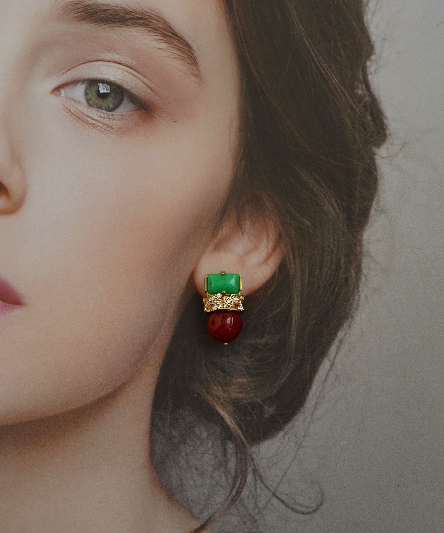 Colorblock Sterling Silver Overgild Zircon Jade Agate Stud Earrings