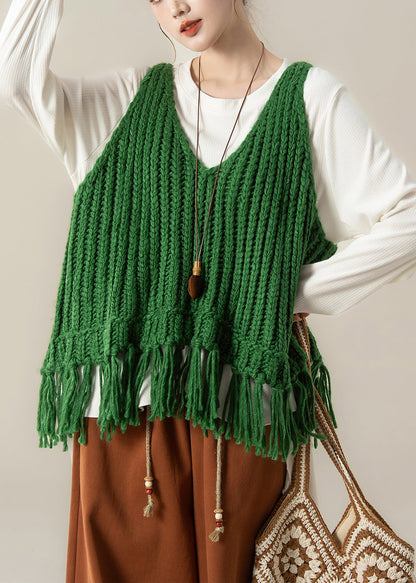 Green V Neck Tasseled Knit Vest and White Cotton T Shirt Two Pieces Set Fall