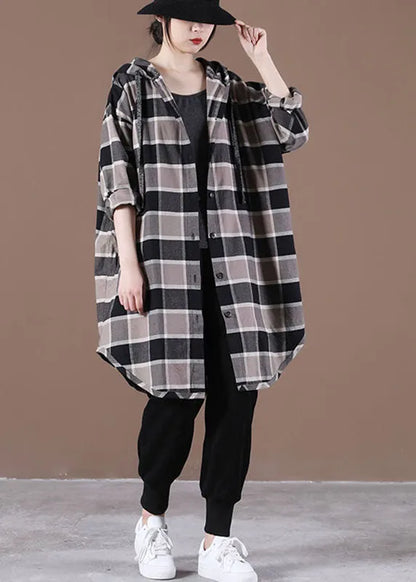 Handmade Khaki Plaid Hooded Drawstring Button Fall Shirt Top