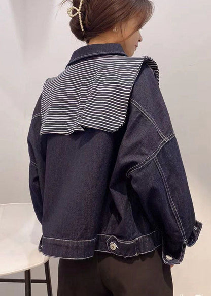 Navy Pockets Button Patchwork Fall Long Sleeve Denim Coat