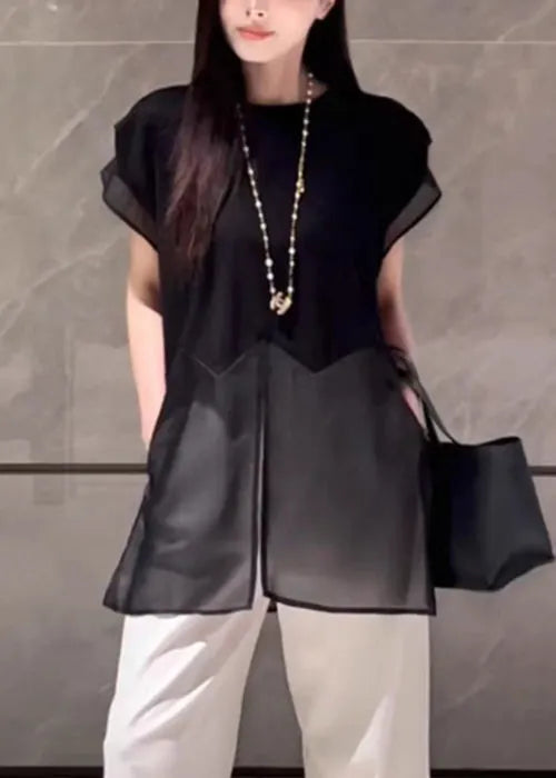 Loose Black Front Open Tulle Patchwork Cotton T Shirt Summer