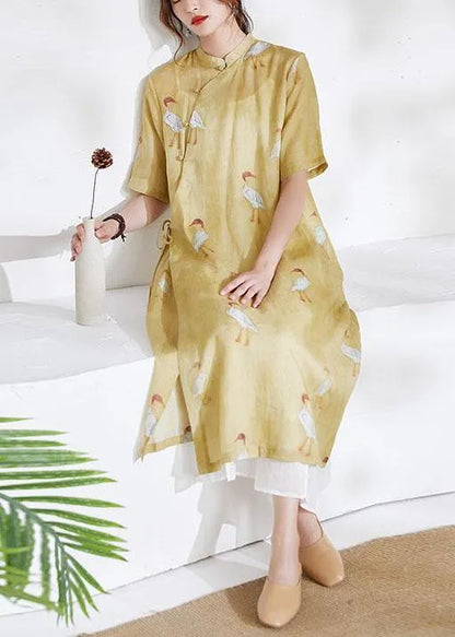 Yellow Side Open Print Summer Ramie Long Shirts