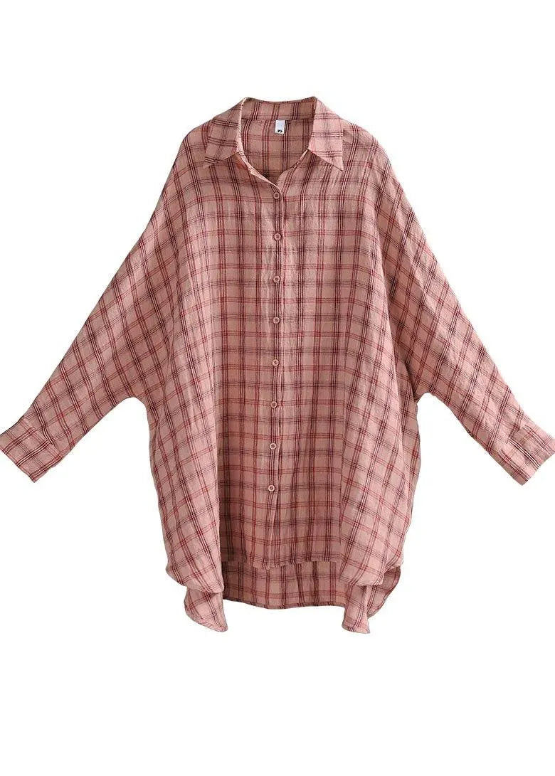 Handmade Pink Plaid Peter Pan Collar Cotton Shirts Summer