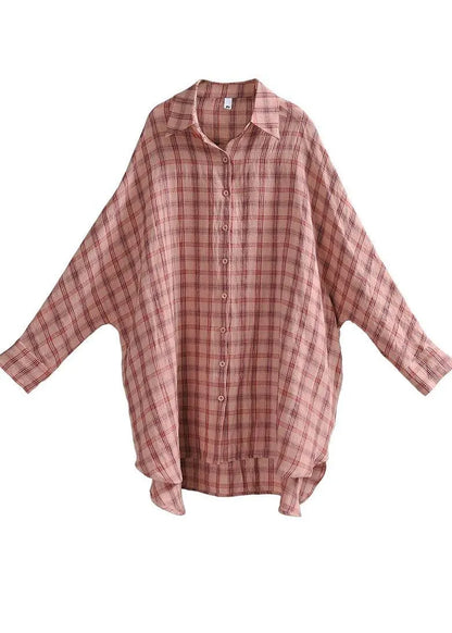 Handmade Pink Plaid Peter Pan Collar Cotton Shirts Summer