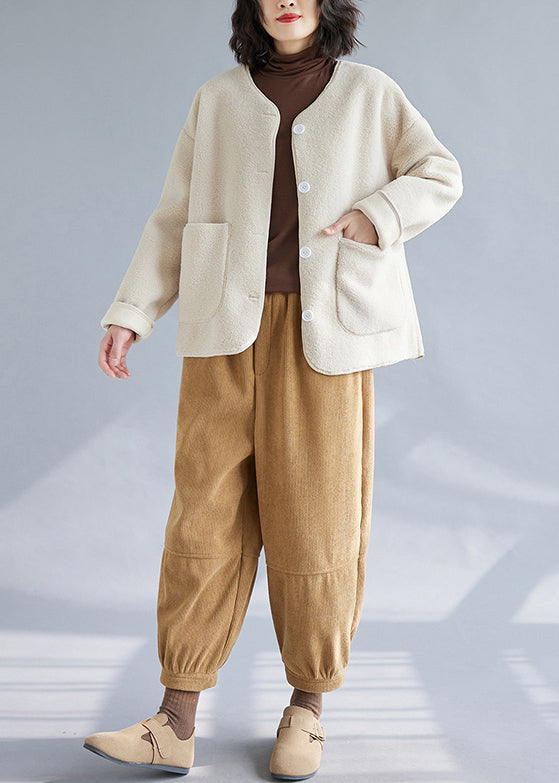 Modern Apricot O-neck Thick Faux Fur Coat Outwear Winter