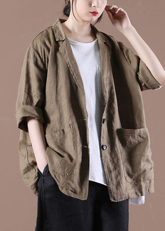 Dark Brown Notched Collar Pockets Linen Coat Long Sleeve