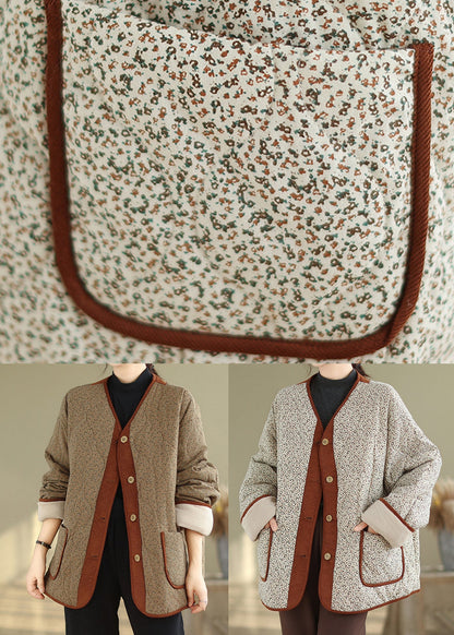 Coffee V Neck Pockets Print Warm Fleece Jackets Winter
