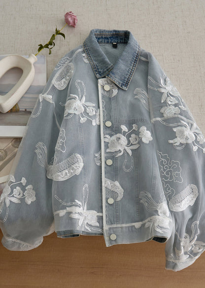 Loose Light Blue Embroidered Patchwork Denim Coats Fall