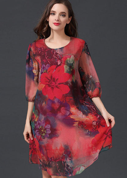 Red O Neck Print Patchwork Chiffon Mid Dress Summer