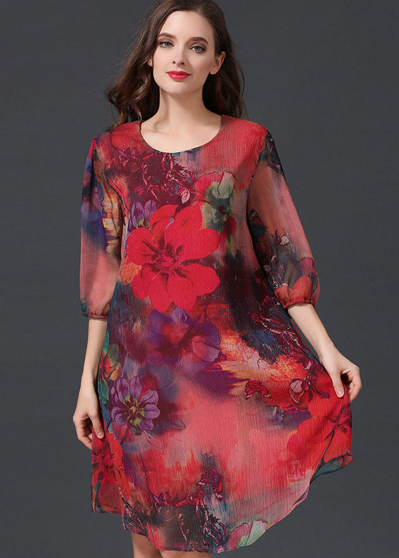 Red O Neck Print Patchwork Chiffon Mid Dress Summer