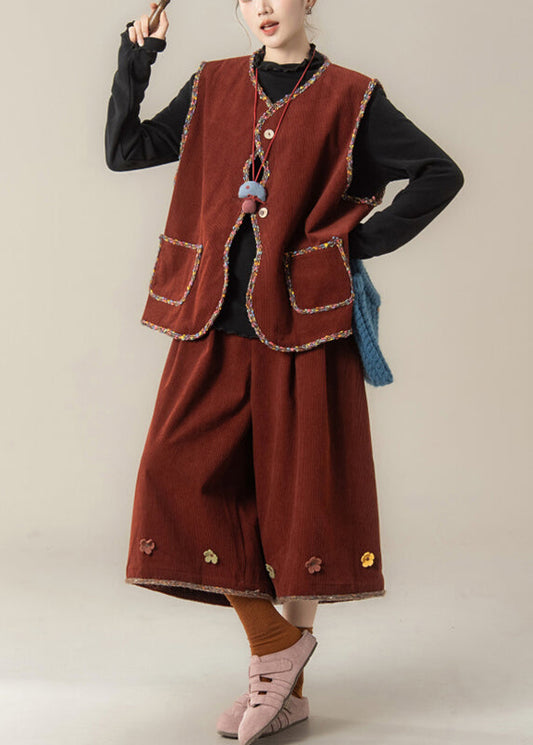 Organic Red V Neck Corduroy Waistcoat ,top and Crop Pants Three Pieces Set Fall
