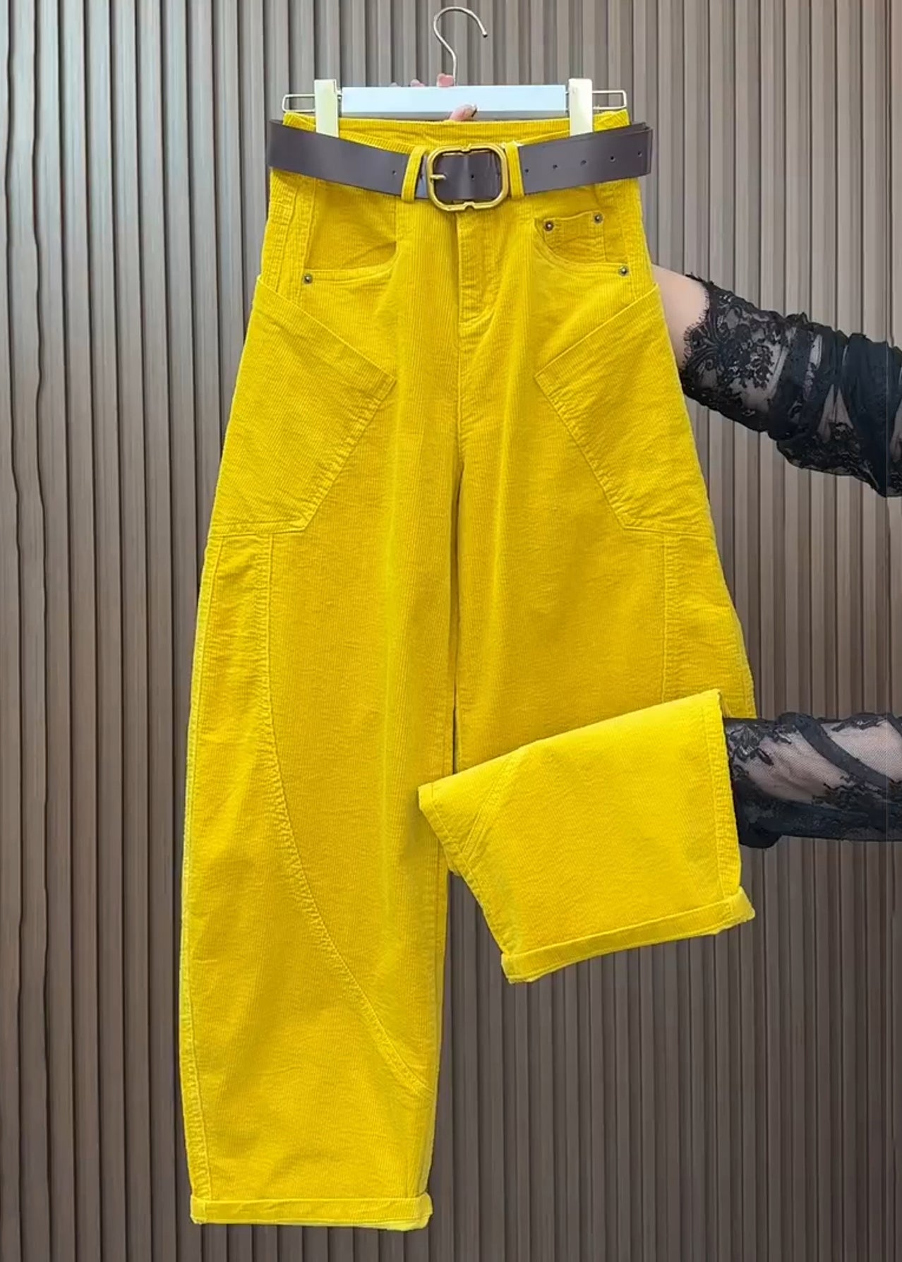 Yellow Pockets High Waist Corduroy Wide Leg Pants Fall