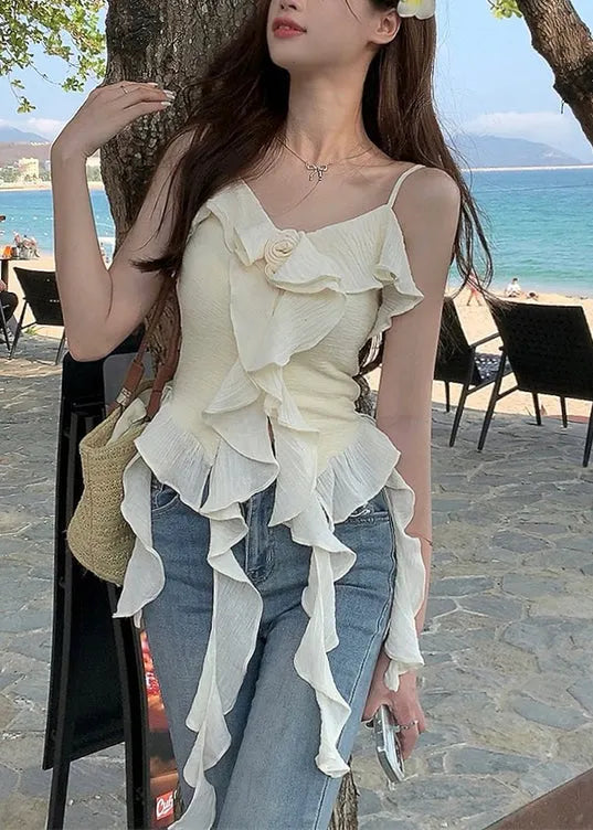 Apricot Ruffled Cotton Spaghetti Strap Tank Sleeveless