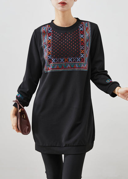 Black Oversized Zircon Cotton Sweatshirts Dress Fall
