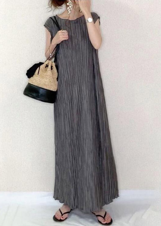 Grey O-neck Long Pleated Dress Summer