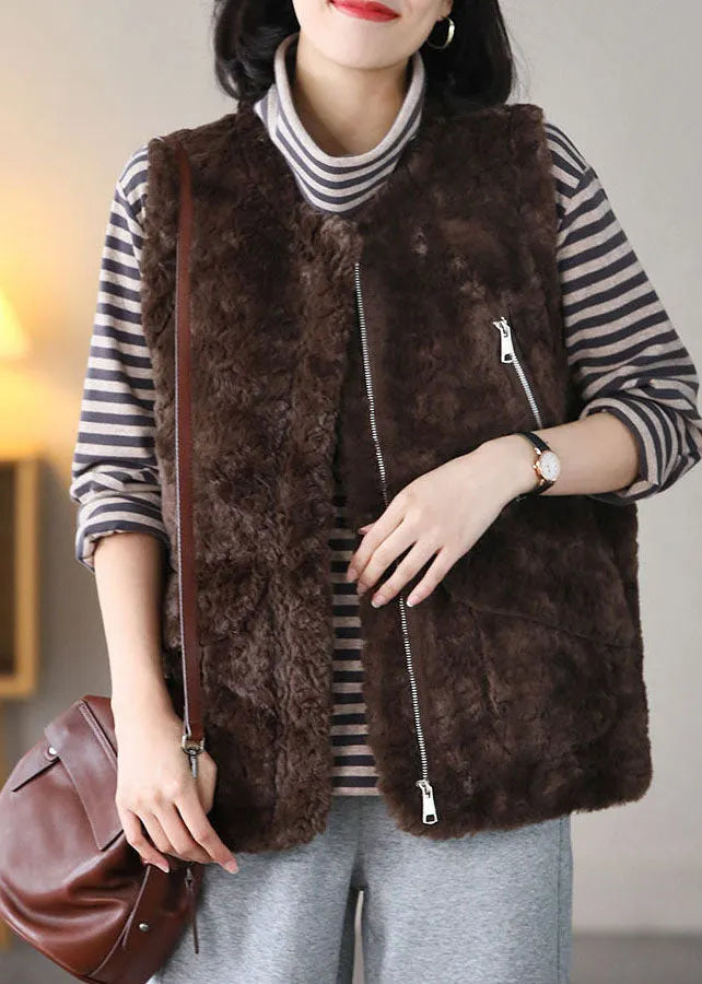 Coffee O-neck Pockets Warm Fuzzy Fur Fluffy Vest Spring
