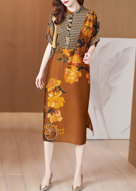 Yellow Stand Collar Patchwork Print Silk Long Dresses Summer