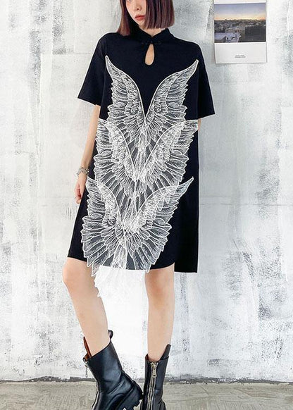 French Black Oriental Appliques Shift Dresses Summer