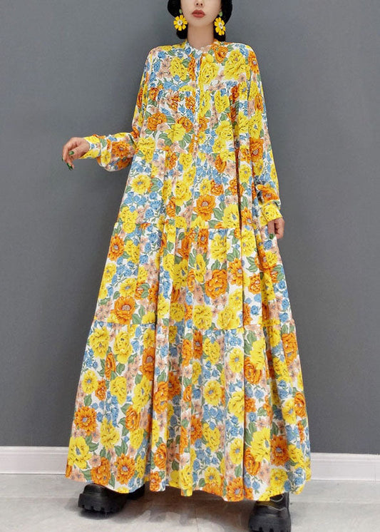 Yellow Stand Collar Print Exra Large Hem Cotton Vacation Dresses Spring