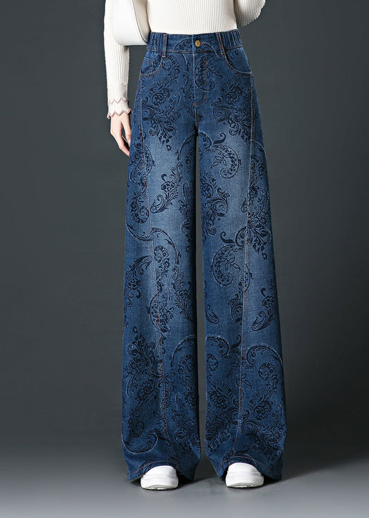 Blue Pockets Print High Waist Wide Leg Jeans Fall