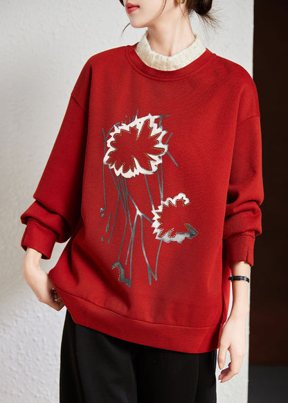 Red Turtleneck Patchwork Print Fake Two Pieces Fleece Sweatshirt Winter