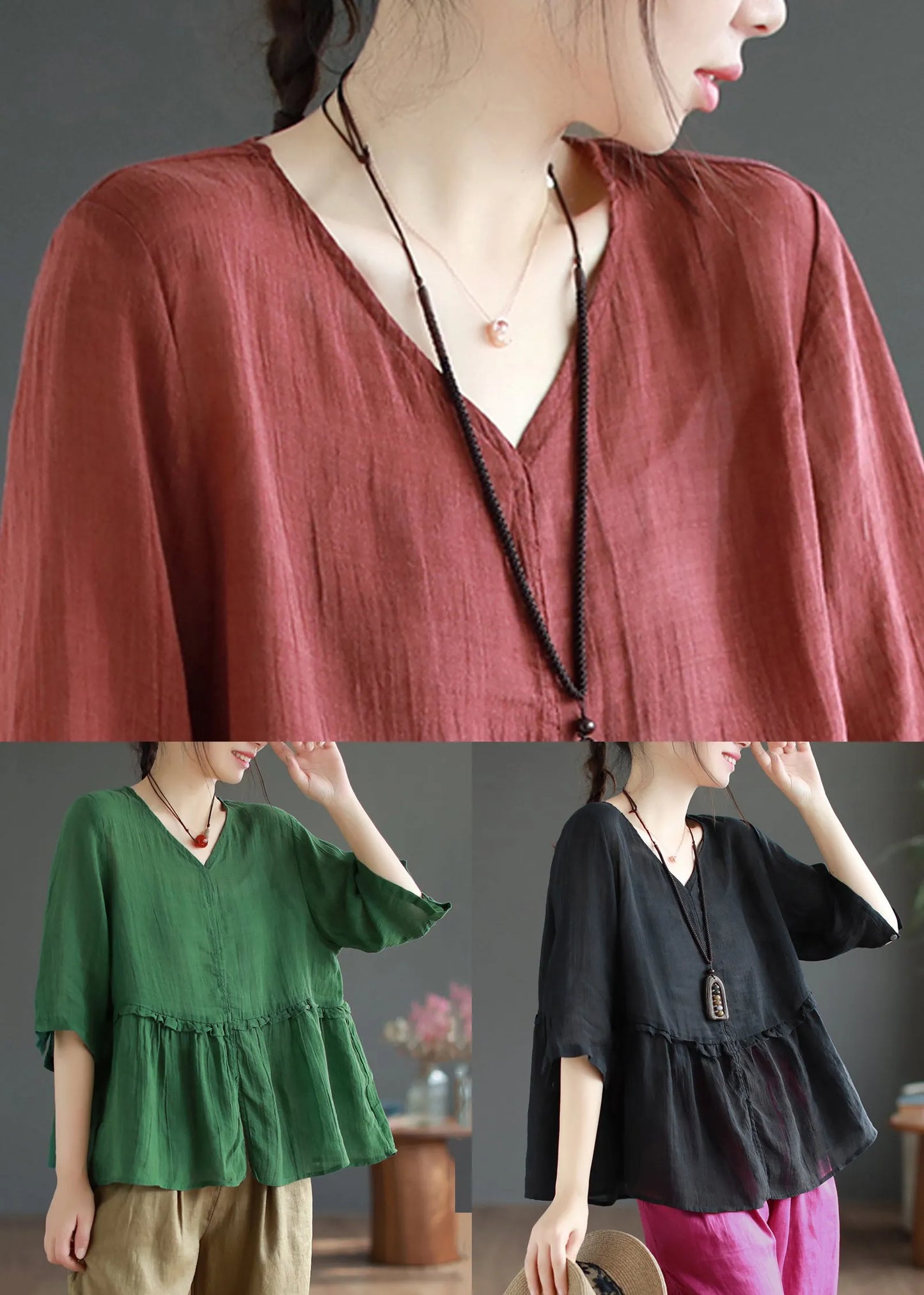 Wine Red Ruffled Side Open Patchwork Linen Shirts Summer