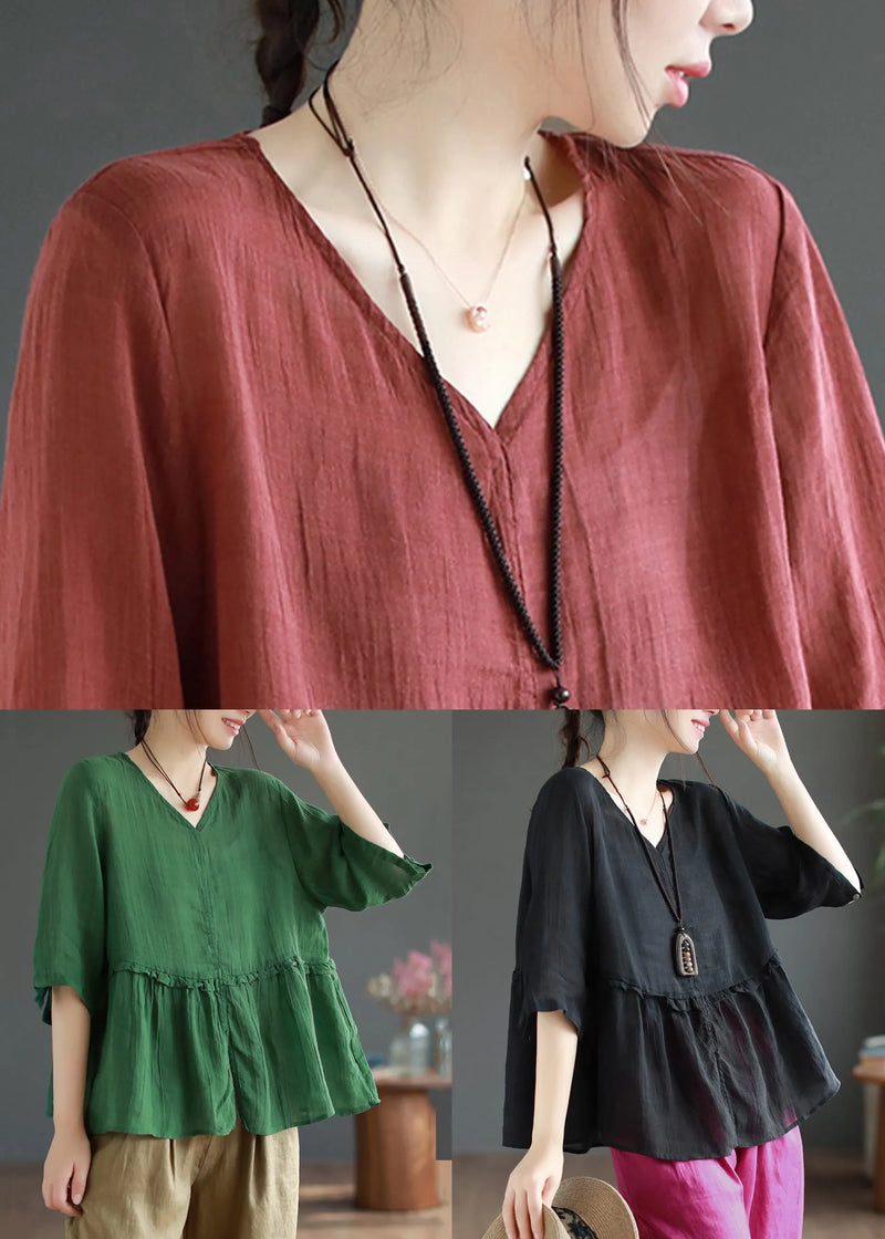Wine Red Ruffled Side Open Patchwork Linen Shirts Summer
