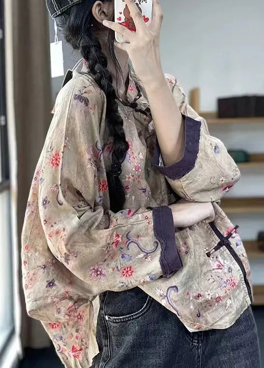 Loose Gray Text Button Print Patchwork Cotton Shirts Long Sleeve