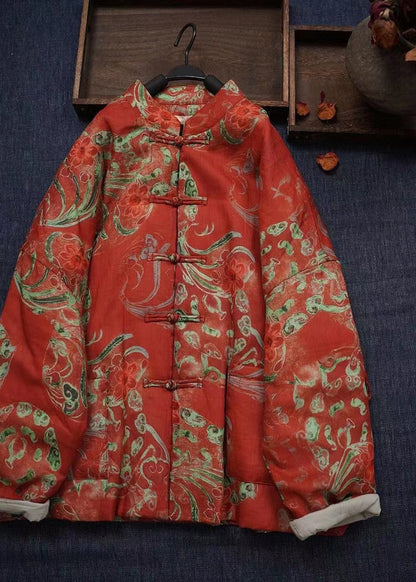Orange Print Chinese Button Fine Cotton Filled Coats Winter