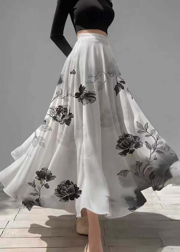White Print Draping Chiffon a Line Skirts Summer