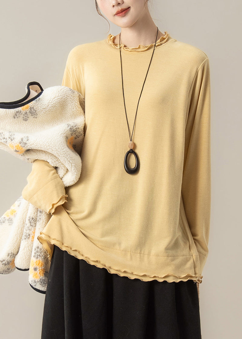 Jacquard Coffee Button Fluffy Coat and Grey Ruffled T Shirt Two Piece Set Winter